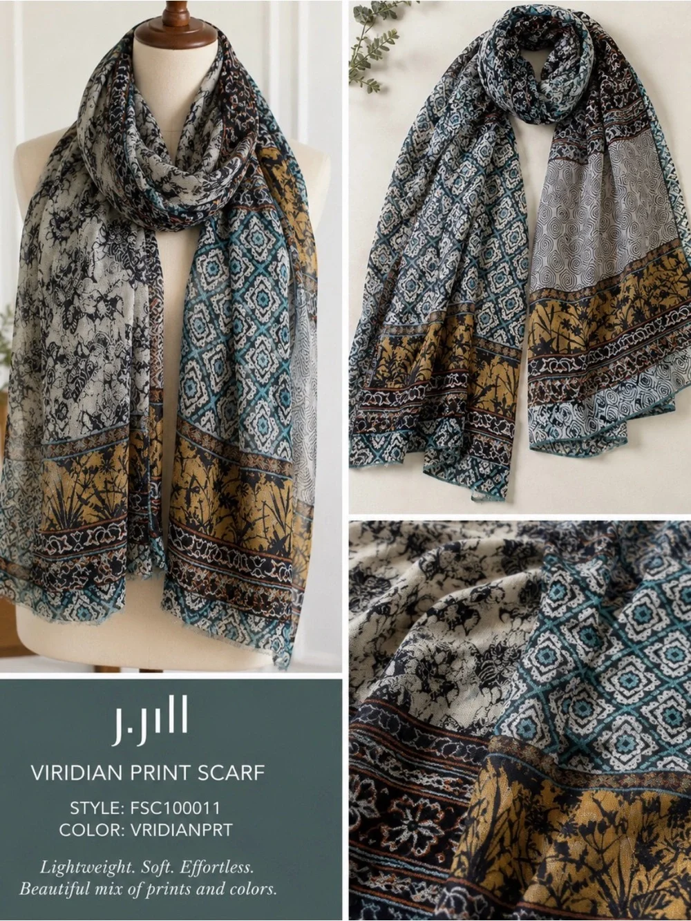 NEW J.Jill Viridian Print Scarf – Sealed in Original Packaging